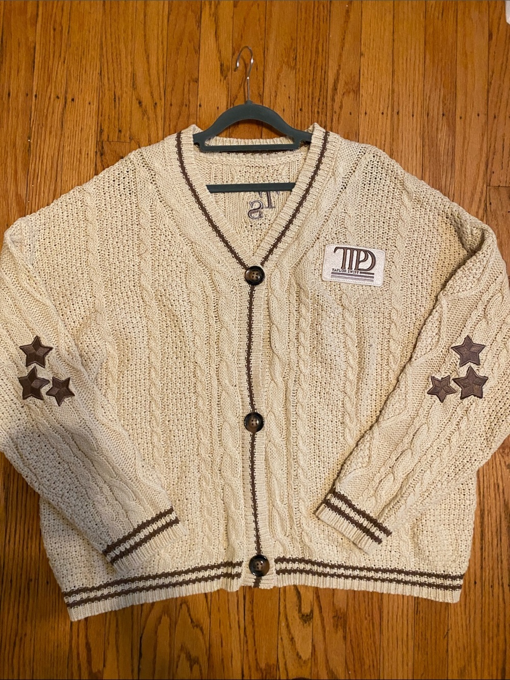 TS Cream Cardigan with Brown Trim and Star Elbow Patches NWOT